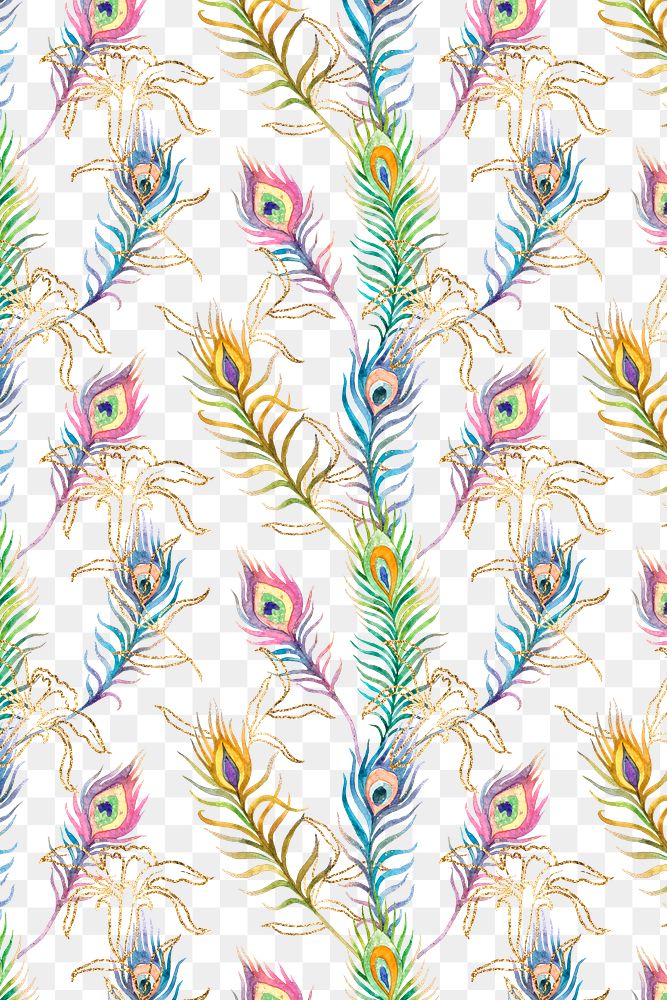 Png watercolor peacock feathers pattern with transparent background
