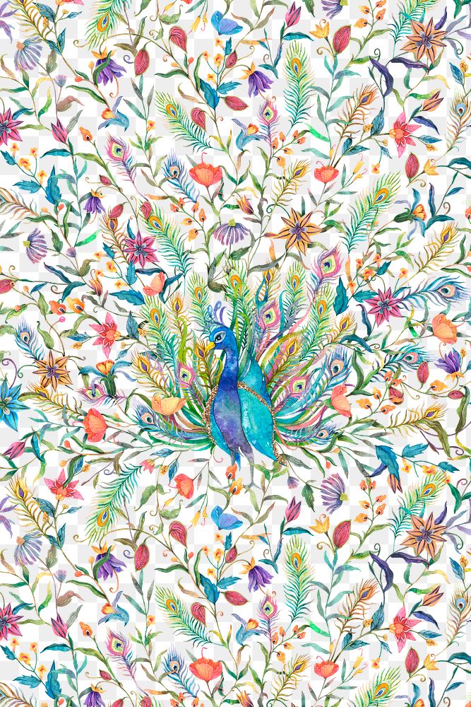 Png pattern with peacock and flowers on transparent background