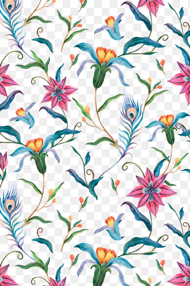 Png watercolor colorful flower pattern with transparent background