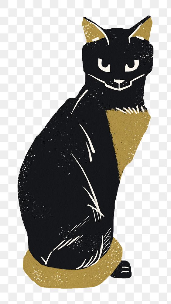 Vintage cat png animal gold black linocut clipart