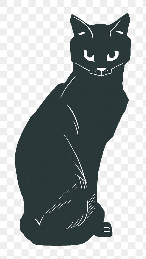 Black cat animal png sticker vintage linocut drawing