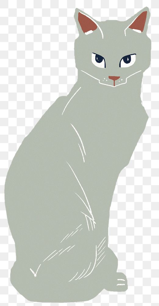 Vintage gray cat png sticker animal linocut drawing