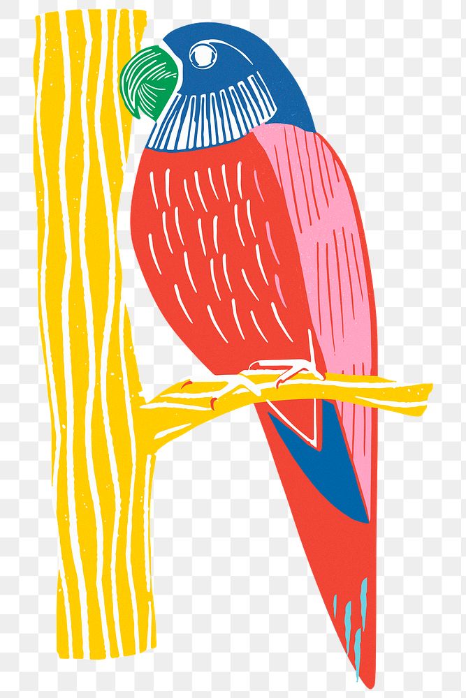 Vintage parrot png sticker colorful bird linocut clipart