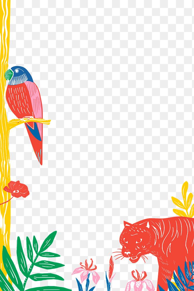Retro wild animals frame png colorful linocut jungle background