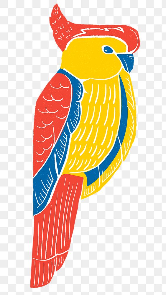 Vintage parrot png sticker colorful bird linocut clipart