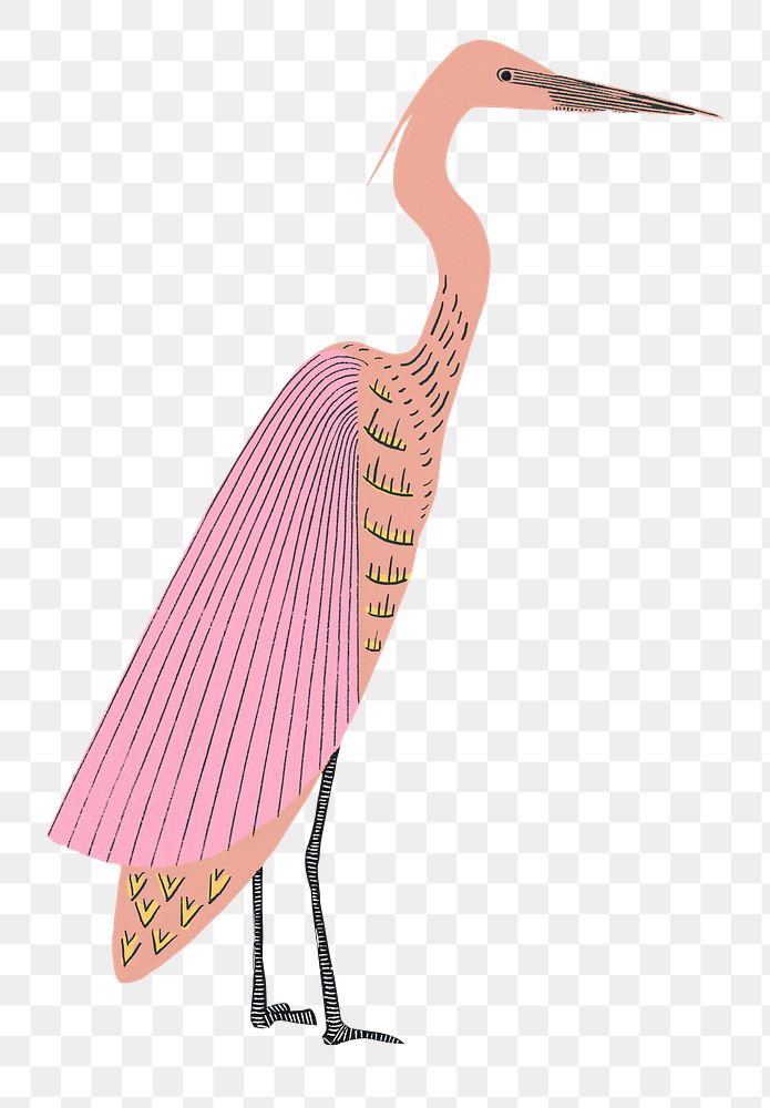 Vintage pink heron png sticker linocut illustration