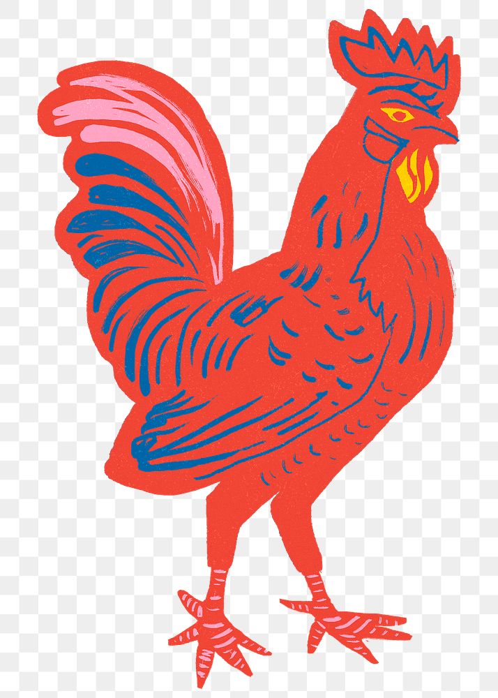 Vintage red rooster png animal sticker linocut clipart