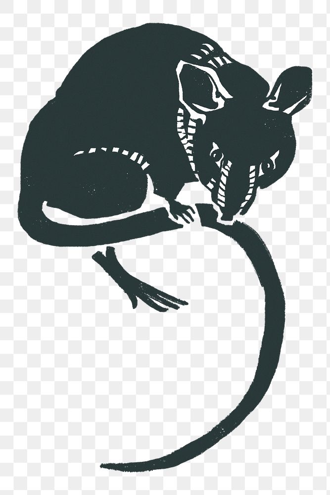 Black rat png sticker animal vintage linocut style
