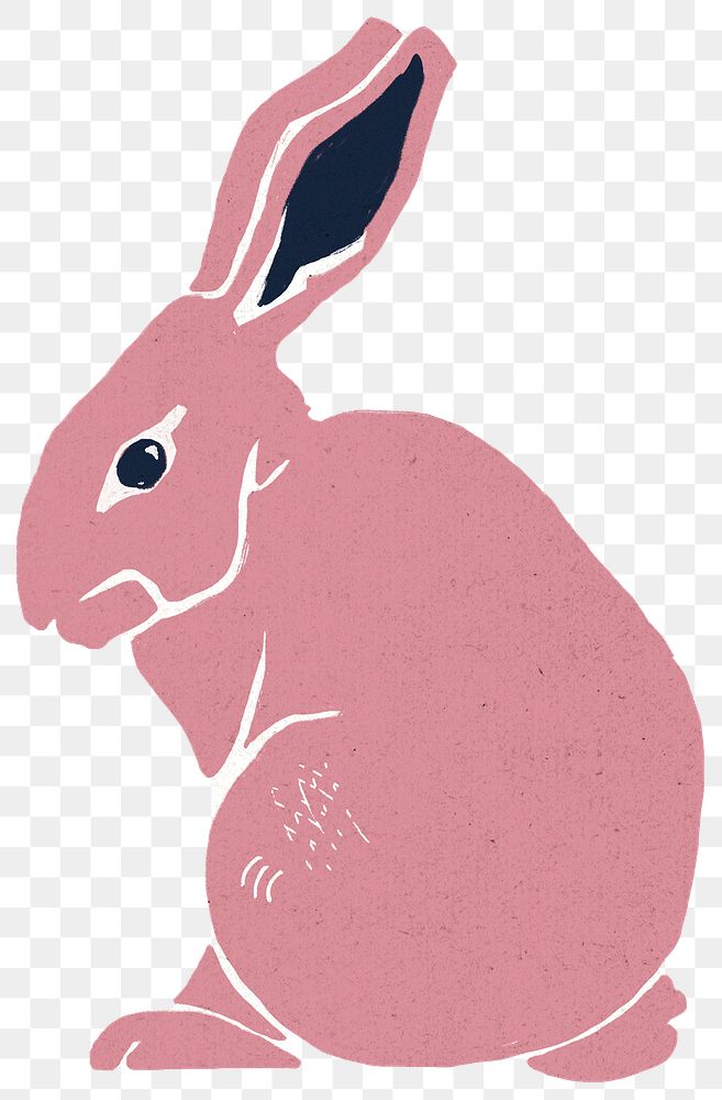 Pink rabbit png sticker vintage linocut illustration