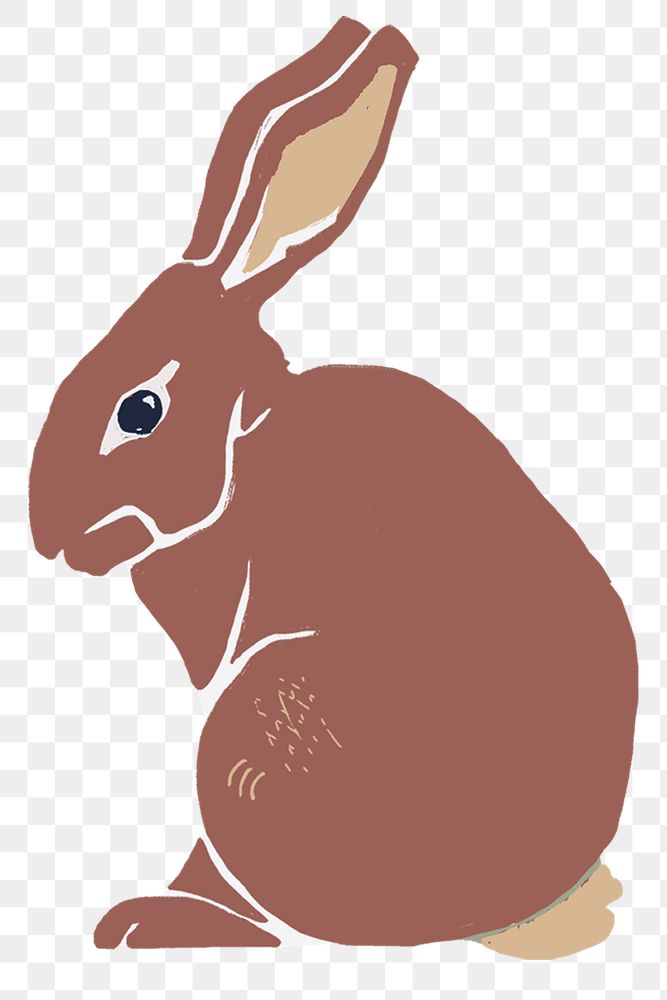 Brown rabbit png sticker vintage linocut illustration
