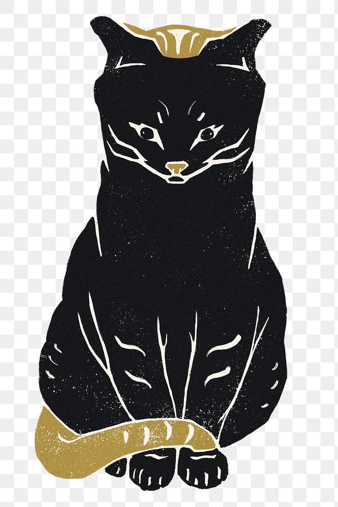 Vintage cat png animal gold black linocut clipart