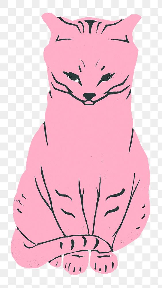 Pink cat animal png sticker vintage linocut drawing