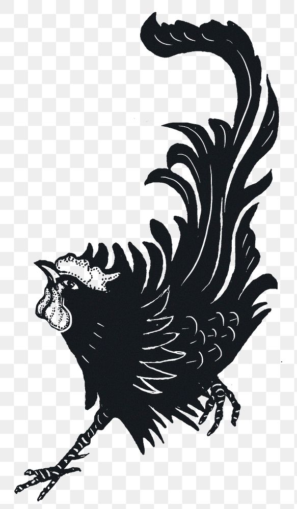 Rooster png sticker black bird stencil pattern hand drawn clipart