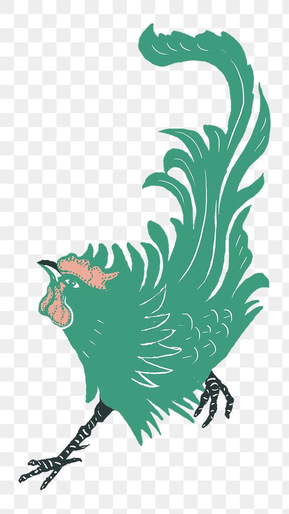 Vintage green rooster png sticker bird linocut style