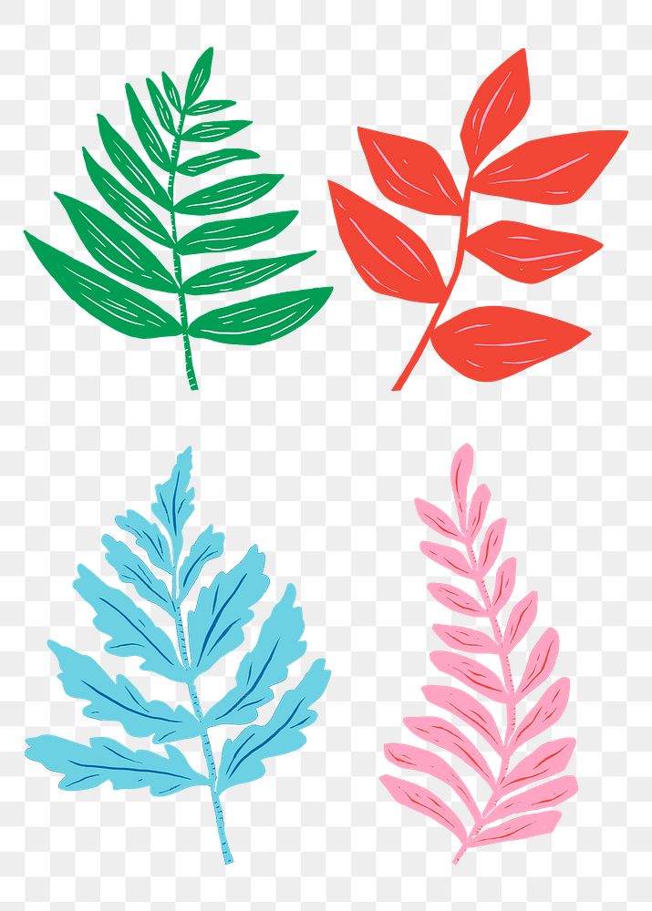 Colorful leaves png sticker vintage botanical linocut collection