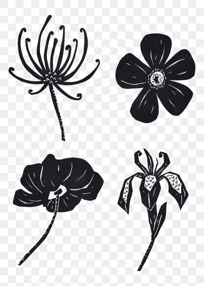 Black flowers png sticker hand drawn botanical set