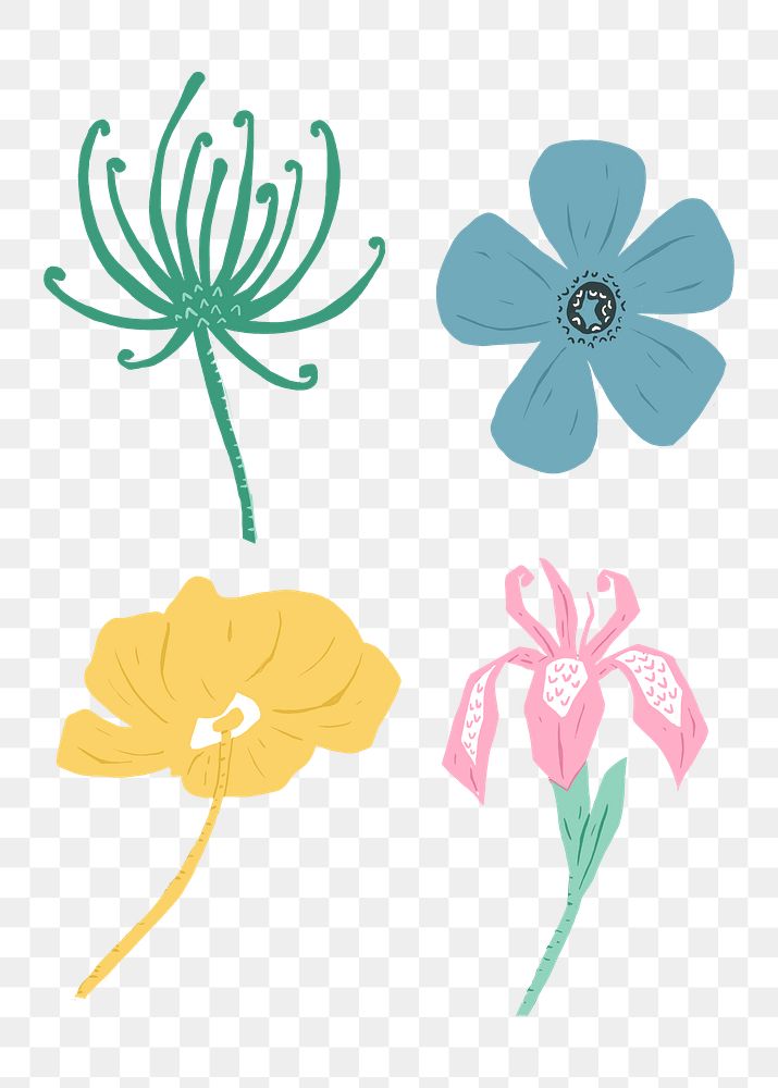 Vintage blooming flowers png sticker linocut style illustration set