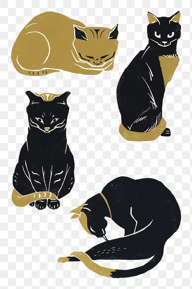 Vintage cats png animal sticker linocut illustration set