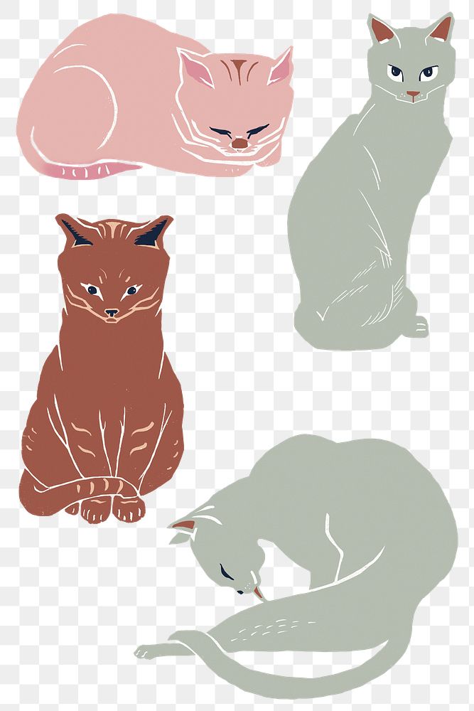 Vintage cats png sticker drawing linocut style set