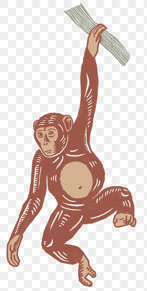 Brown monkey png animal sticker vintage linocut drawing