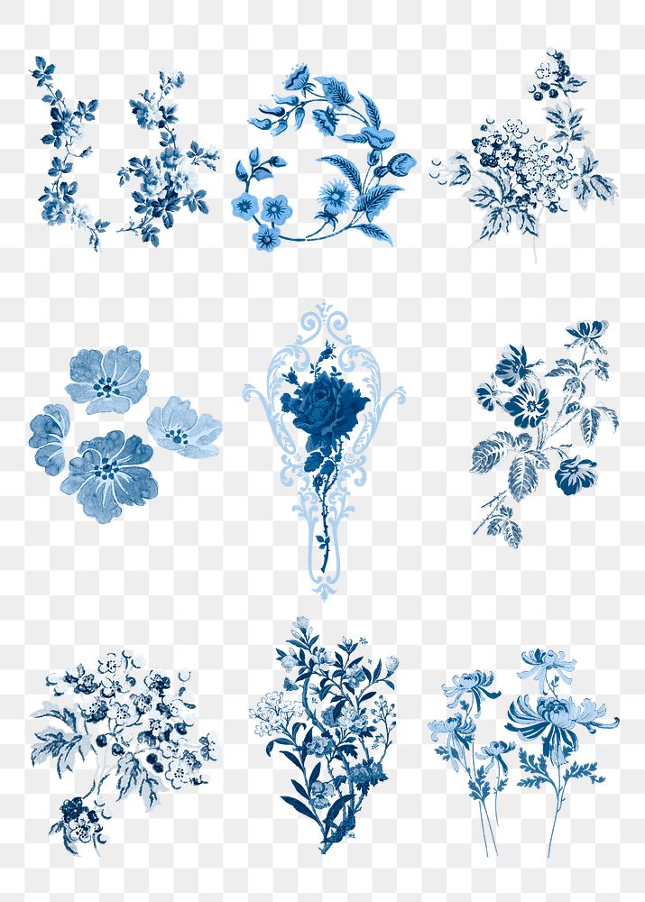 Blue flower set png vintage botanical sticker
