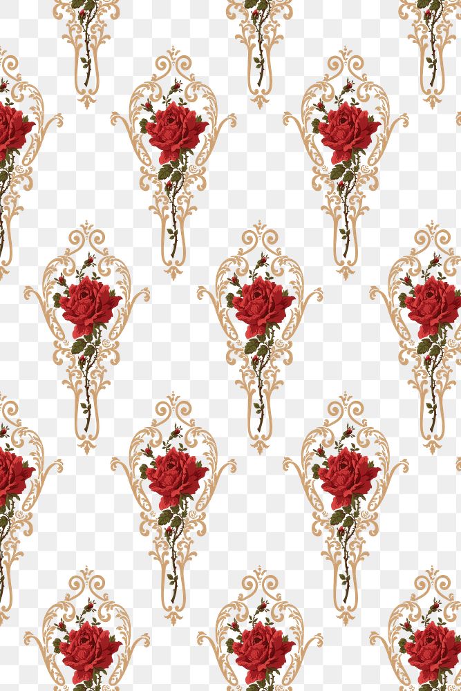 Png red rose ornamental botanical pattern transparent background