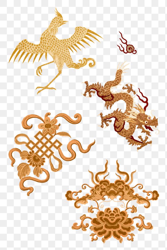 Chinese art gold png animal sticker decorative ornament set