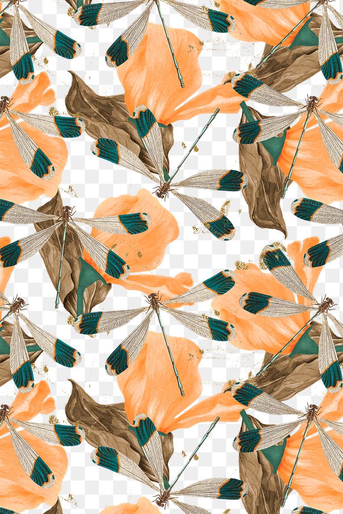 Dragonfly and leaf abstract pattern png, vintage remix from The Naturalist's Miscellany by George Shaw