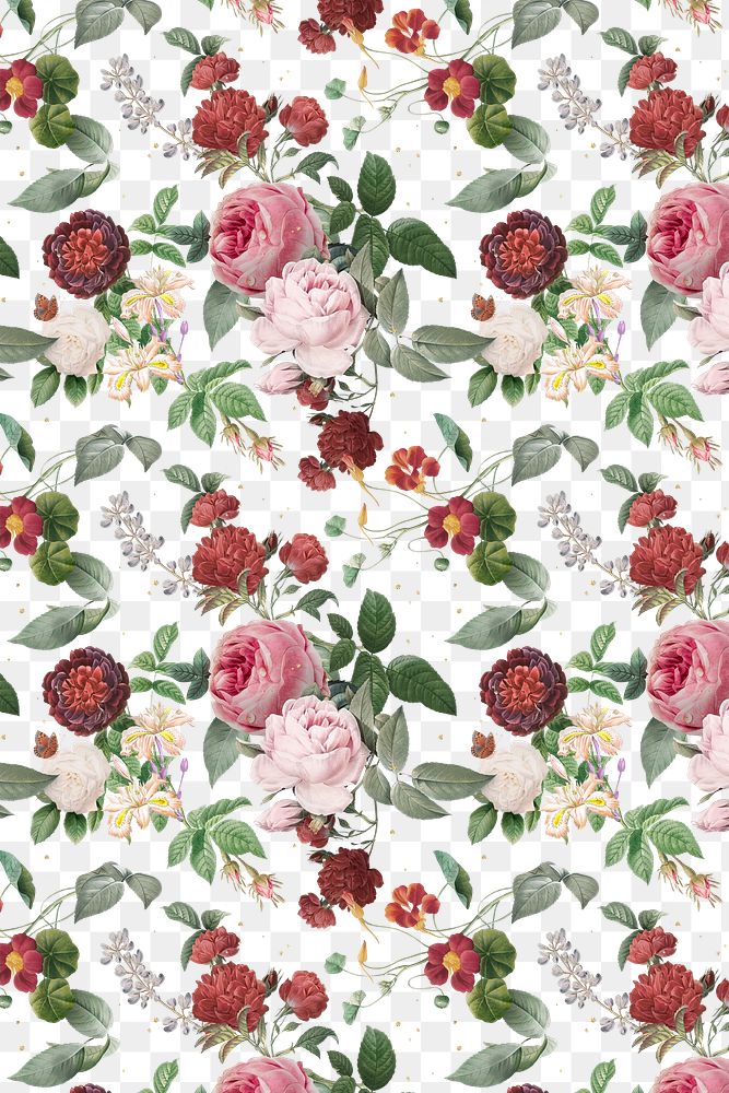 Pink roses and peony png floral pattern vintage illustration