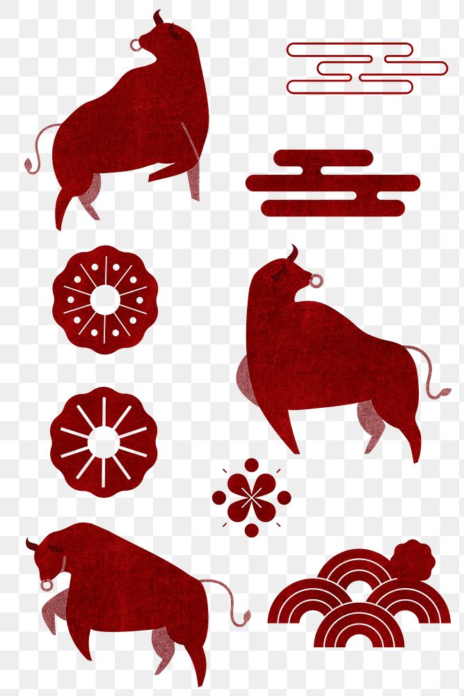 Chinese Ox Year red png design elements set