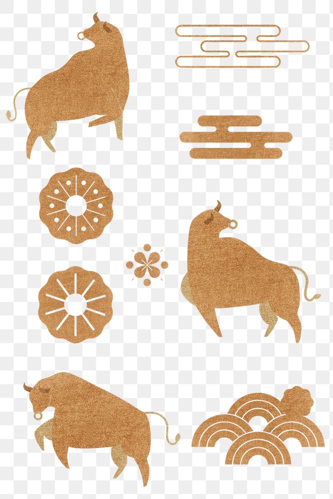 Chinese Ox Year png golden design elements collection