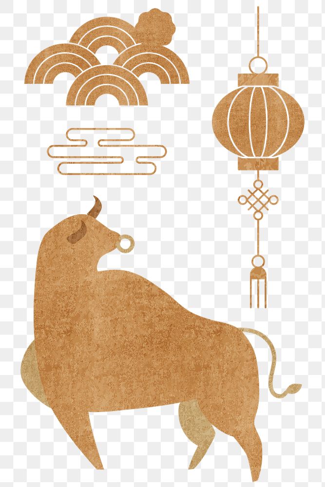 Chinese Ox Year png golden design elements set