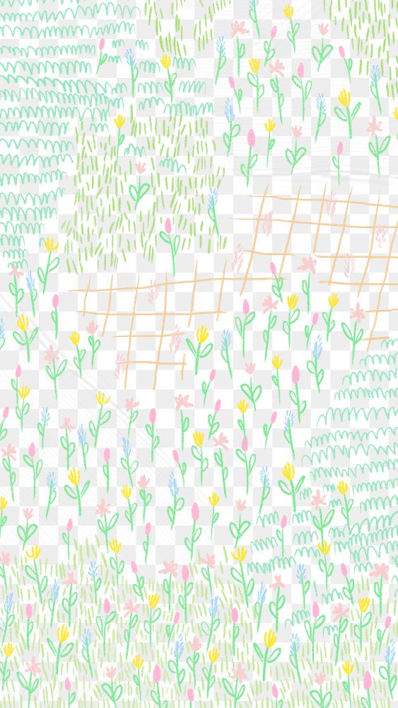Png summer flower field transparent pattern monoline sketch background