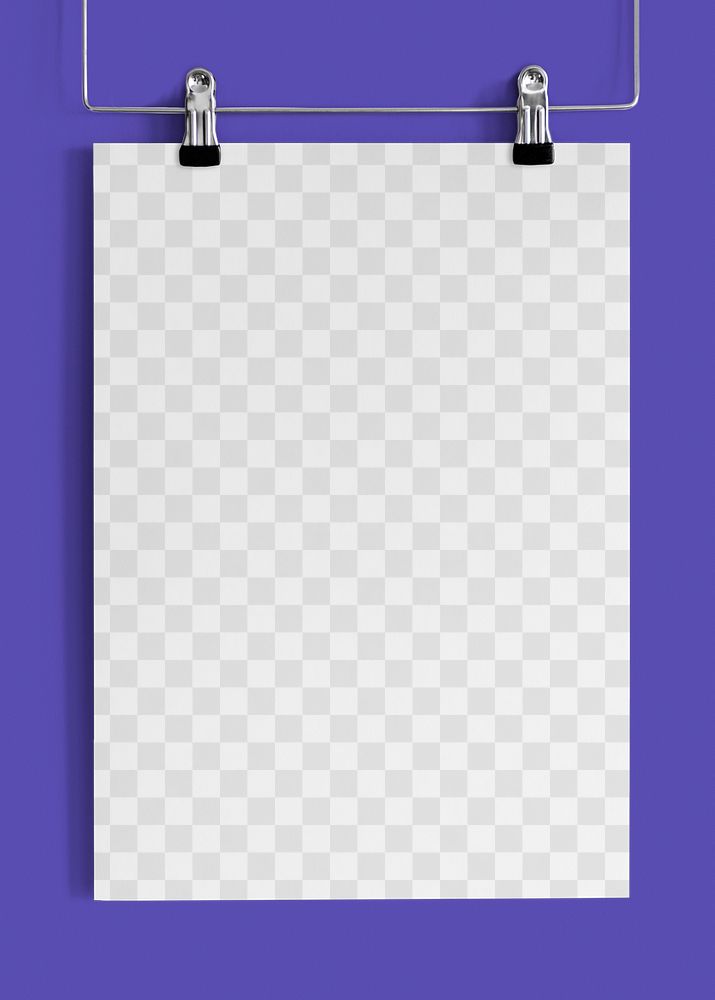 Png blank paper mockup hung with 2 clippers on purple background