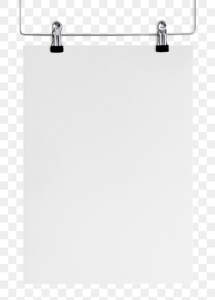 Png paper mockup hung with 2 clippers on transparent background