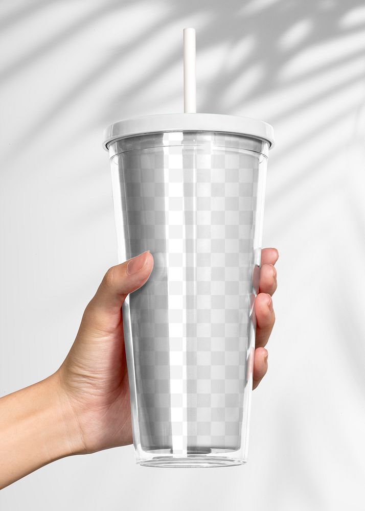 Png transparent plastic cup mockup held by a hand