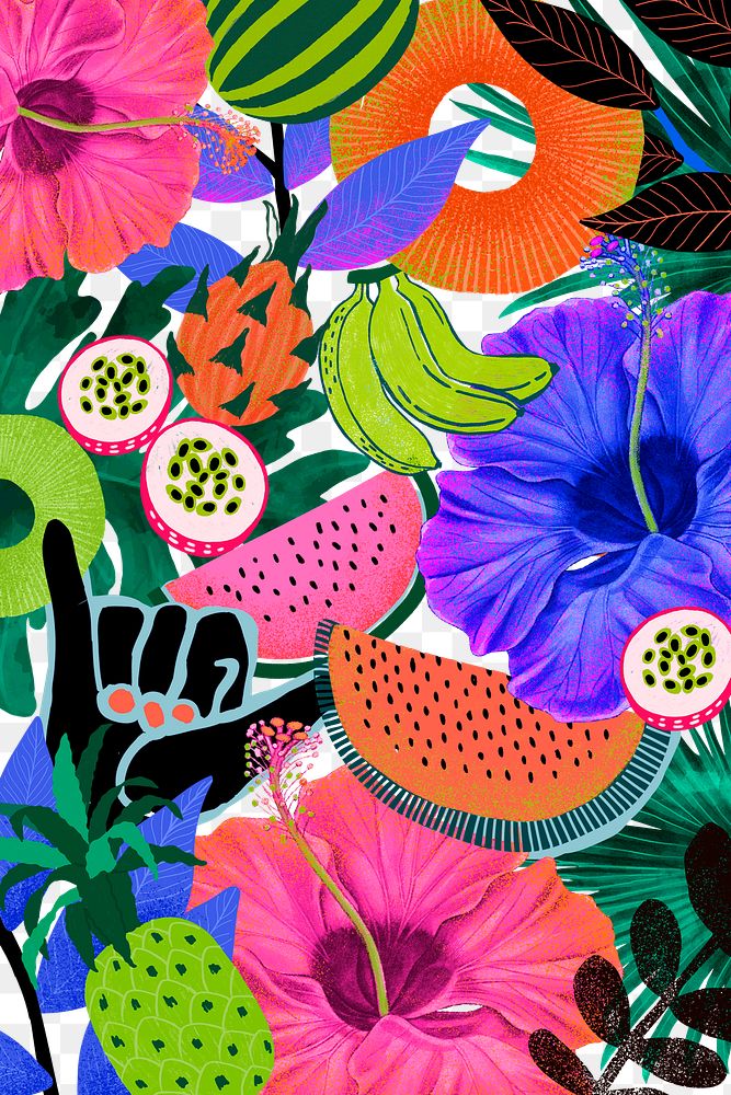 Tropical flower pattern png in colorful tone