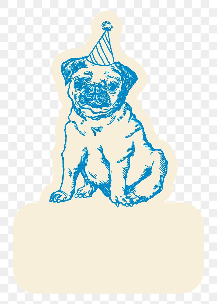 Dog png beige badge sticker with pug vintage illustration