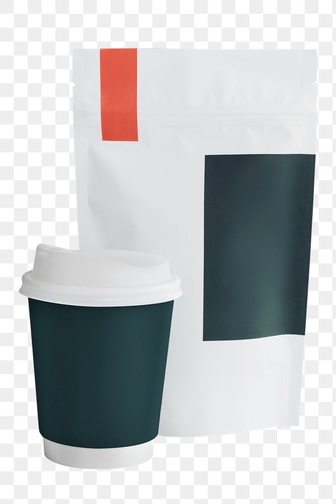Png coffee cup mockup with packaging bag on transparent background