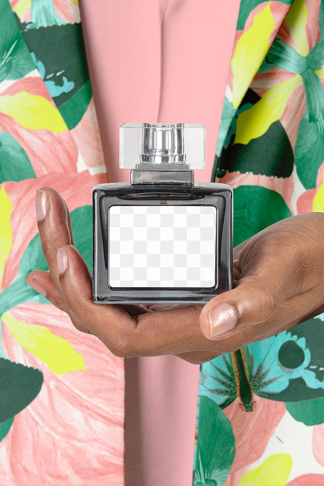 Perfume bottle mockup png in women&rsquo;s hand