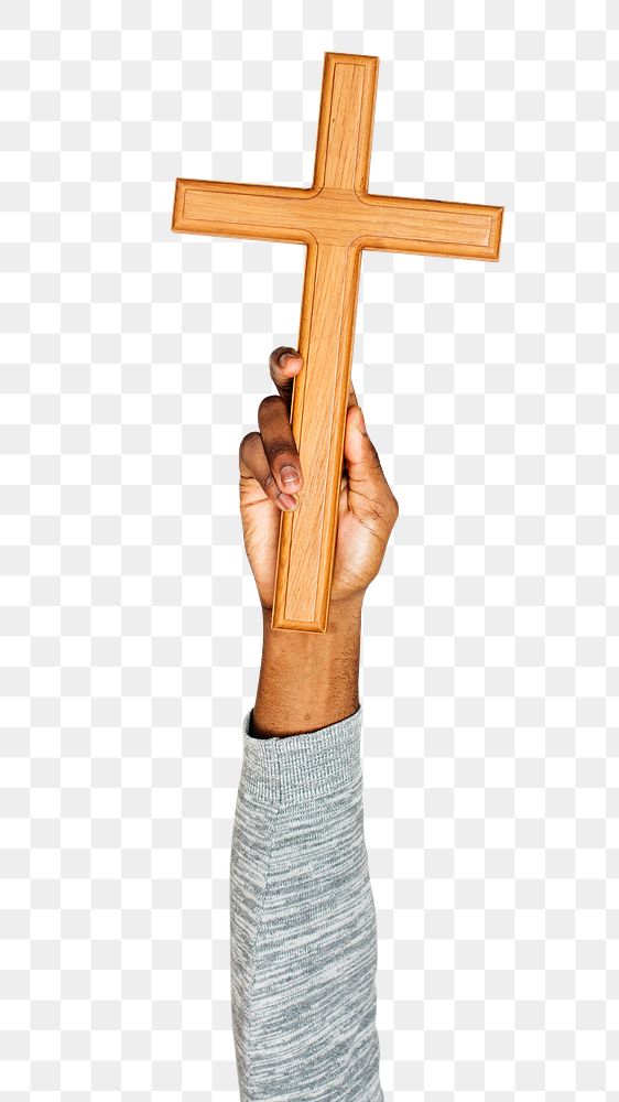 Wooden cross png in hand sticker on transparent background