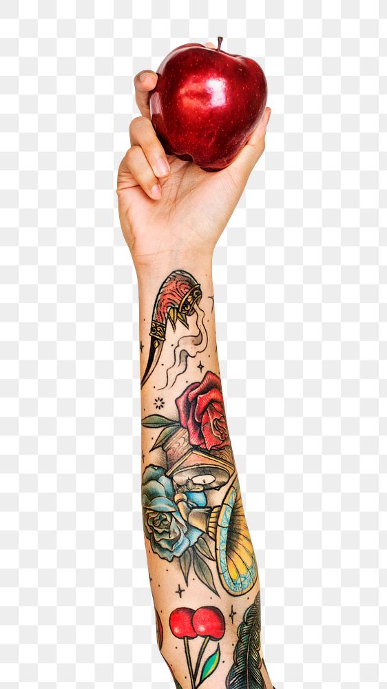 Apple png in tattooed hand sticker on transparent background