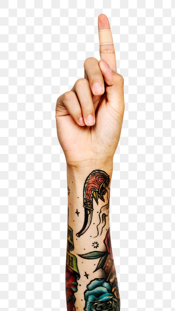 Png index finger up tattooed hand gesture sticker, number one sign language on transparent background