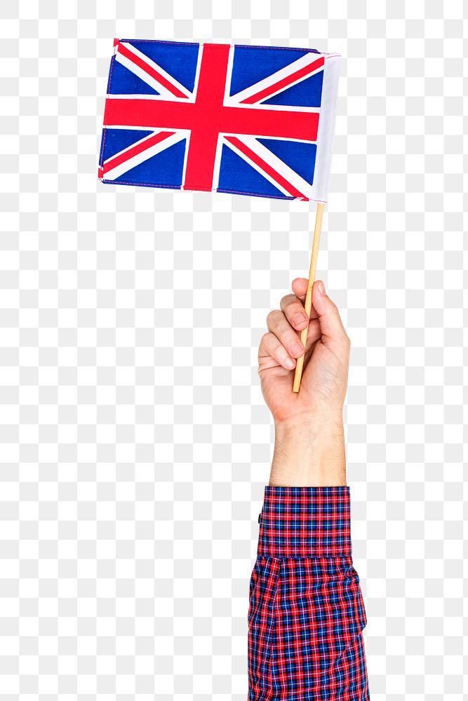 UK flag png hand holding, transparent background