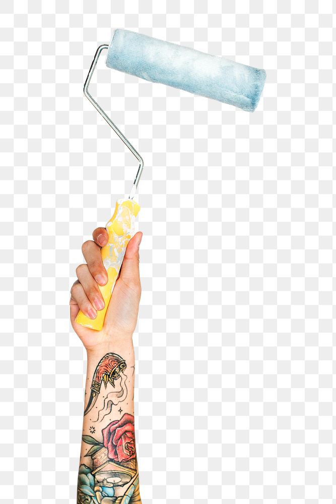 Paint roller png in tattooed hand sticker on transparent background