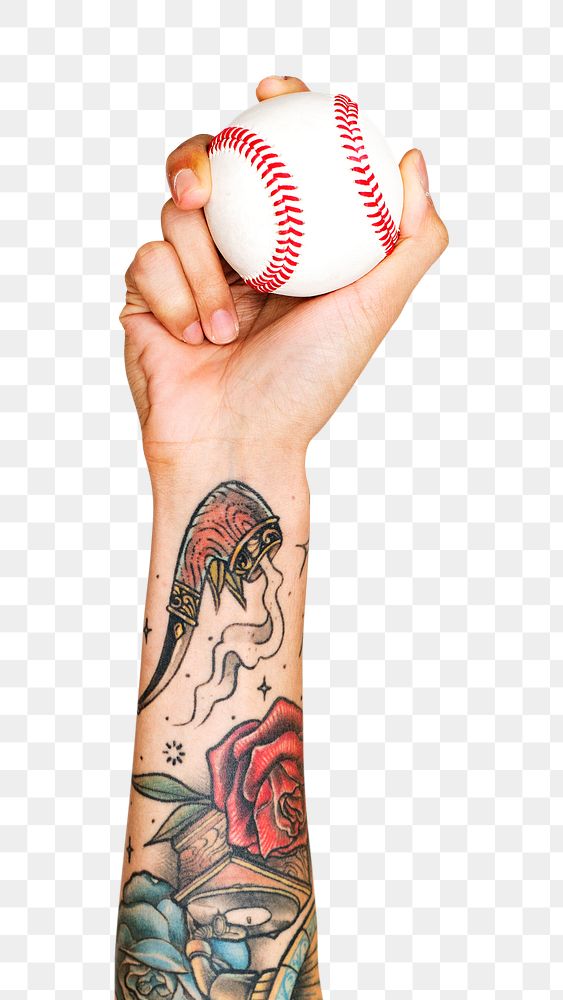 Baseball ball png in hand sticker on transparent background