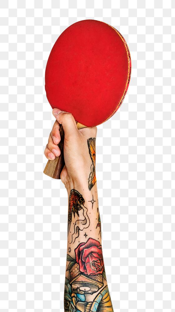 Png table tennis racket in tattooed hand sticker on transparent background