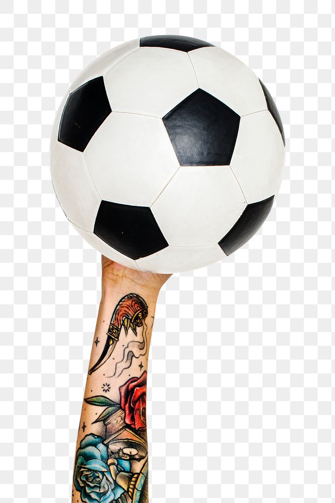 Football ball png in tattooed hand sticker on transparent background