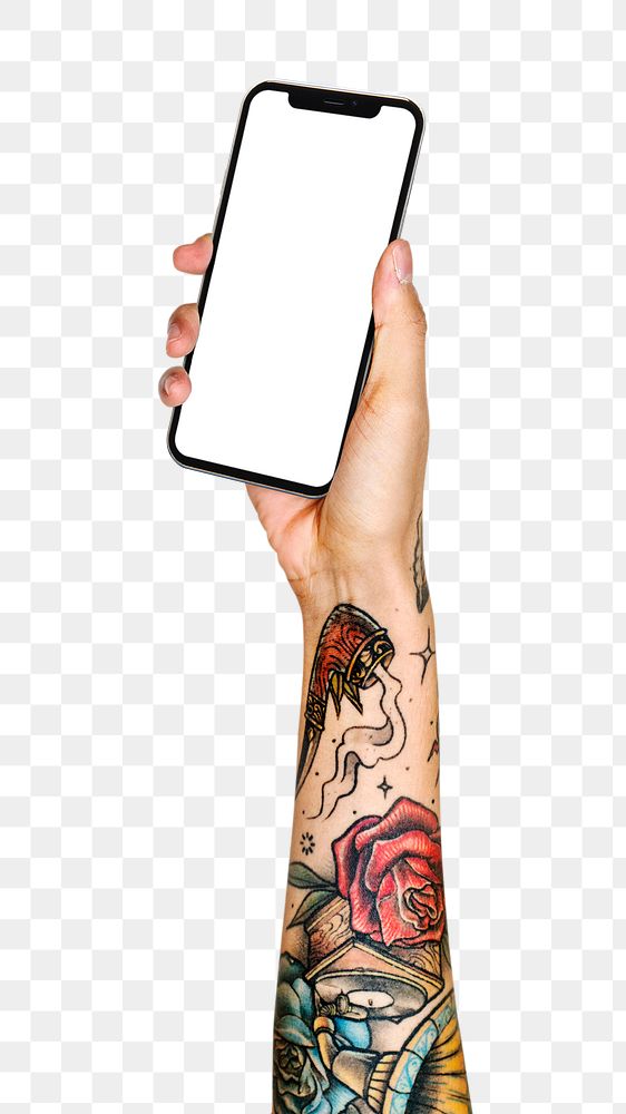 Smartphone png in tattooed hand sticker on transparent background