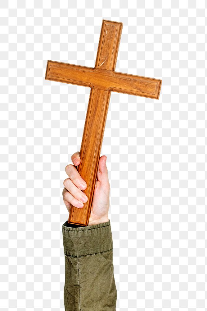 Wooden cross png in hand sticker on transparent background